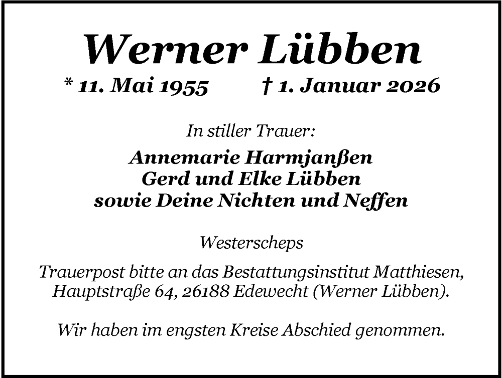  Traueranzeige für Werner Lübben vom 24.01.2026 aus Nordwest-Zeitung