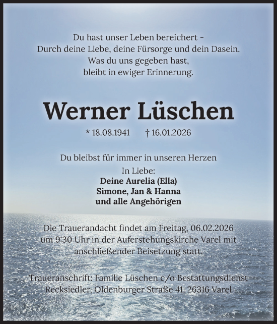 Traueranzeige von Werner Lüschen von Nordwest-Zeitung