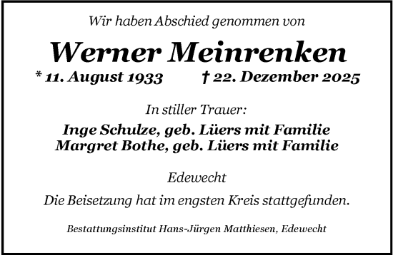 Traueranzeige von Werner Meinrenken von Nordwest-Zeitung