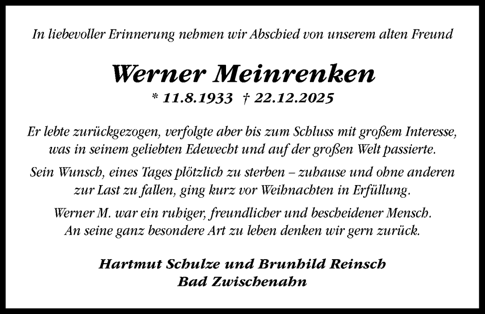 Traueranzeige für Werner Meinrenken vom 19.01.2026 aus Nordwest-Zeitung