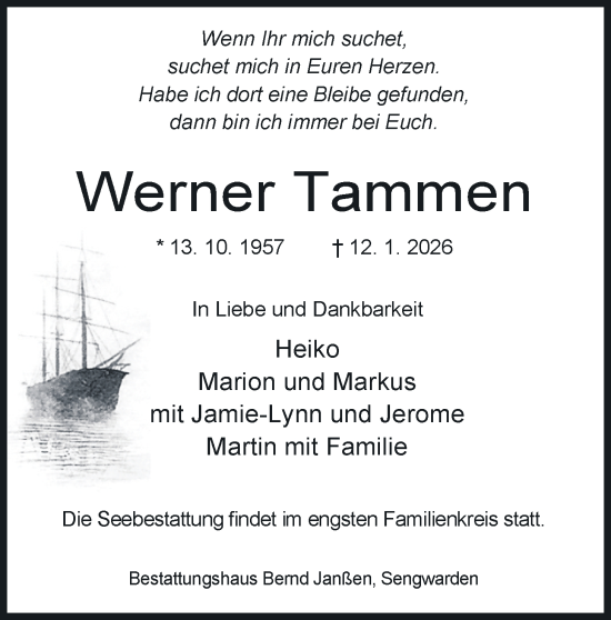 Traueranzeige von Werner Tammen von WZ/JW/AH