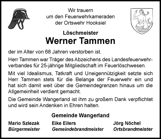 Traueranzeige von Werner Tammen von WZ/JW/AH