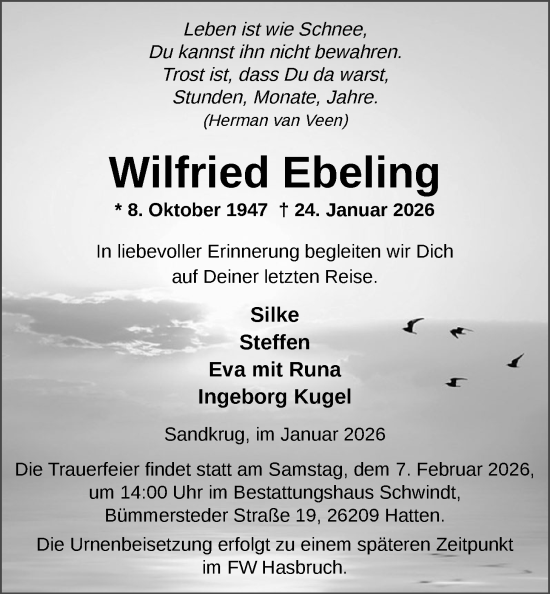 Traueranzeige von Wilfried Ebeling von Nordwest-Zeitung