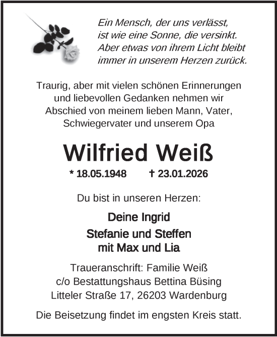 Traueranzeige von Wilfried Weiß von Nordwest-Zeitung