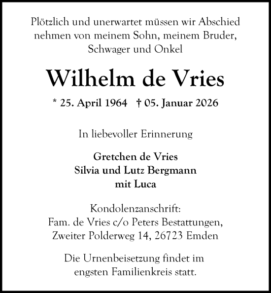 Traueranzeige von Wilhelm de Vries von Emder Zeitung