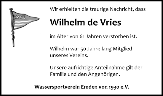 Traueranzeige von Wilhelm de Vries von Emder Zeitung