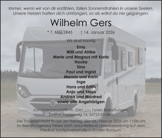 Traueranzeige von Wilhelm Gers von Emder Zeitung