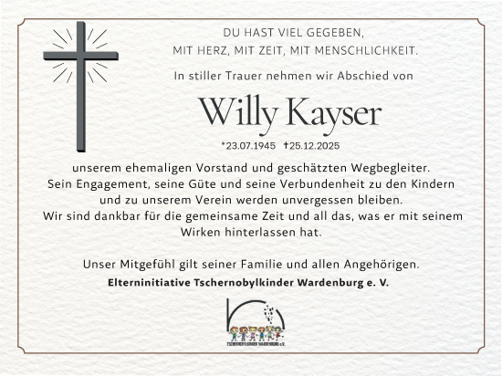 Traueranzeige von Willy Kayser von Nordwest-Zeitung