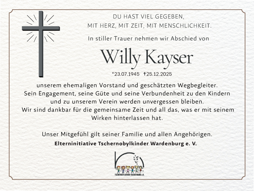  Traueranzeige für Willy Kayser vom 10.01.2026 aus Nordwest-Zeitung