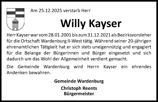 Traueranzeige von Willy Kayser von Nordwest-Zeitung