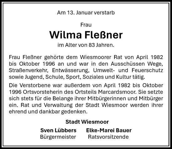 Traueranzeige von Wilma Fleßner von WZ/JW/AH