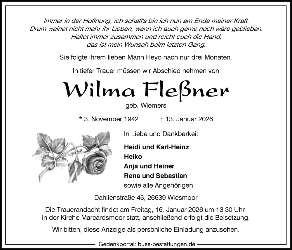  Traueranzeige für Wilma Fleßner vom 15.01.2026 aus WZ/JW/AH