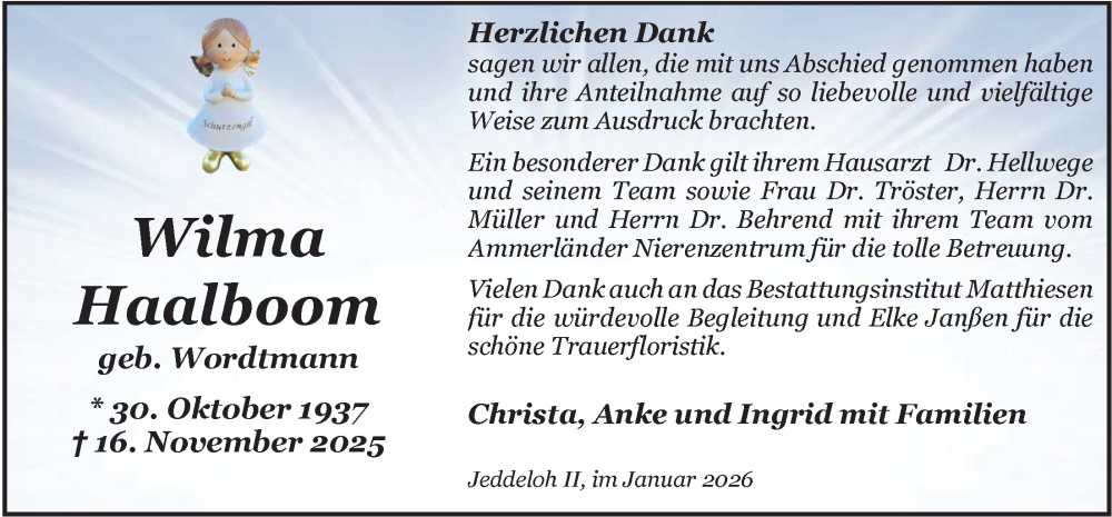  Traueranzeige für Wilma Haalboom vom 10.01.2026 aus Nordwest-Zeitung