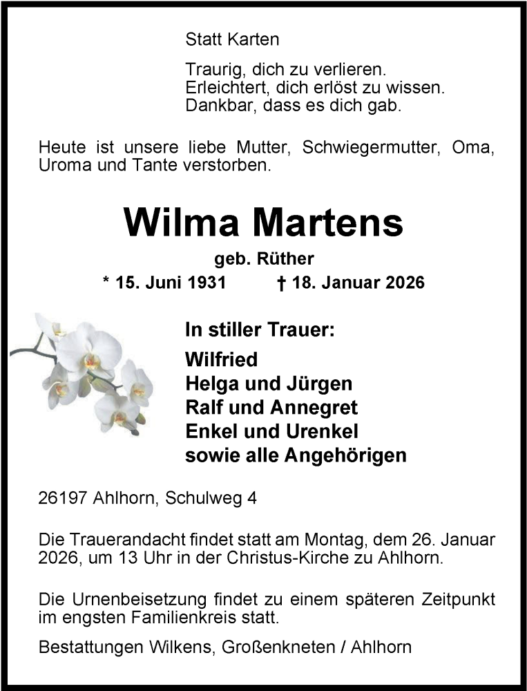  Traueranzeige für Wilma Martens vom 23.01.2026 aus Nordwest-Zeitung