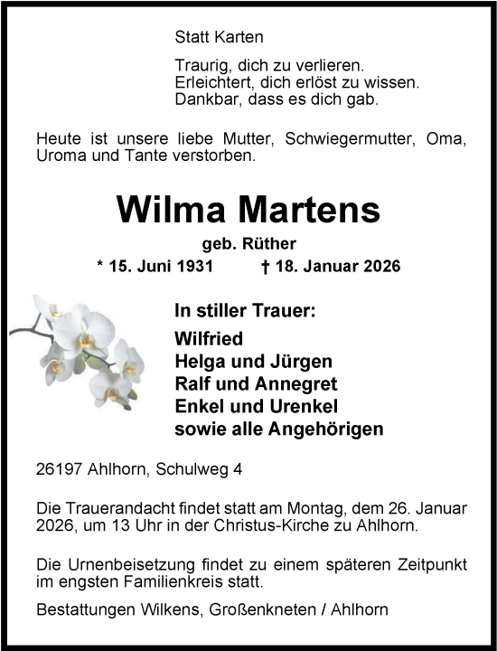 Traueranzeige von Wilma Martens von Nordwest-Zeitung