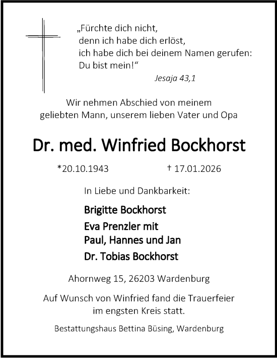 Traueranzeige von Winfried Bockhorst von Nordwest-Zeitung