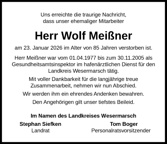Traueranzeige von Wolf Meißner von Nordwest-Zeitung