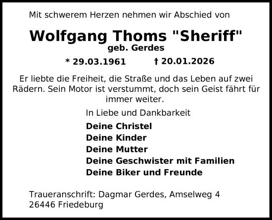 Traueranzeige von Wolfgang Thoms von Nordwest-Zeitung