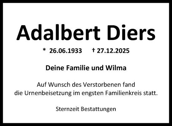 Traueranzeige von Adalbert Diers von WZ/JW/AH