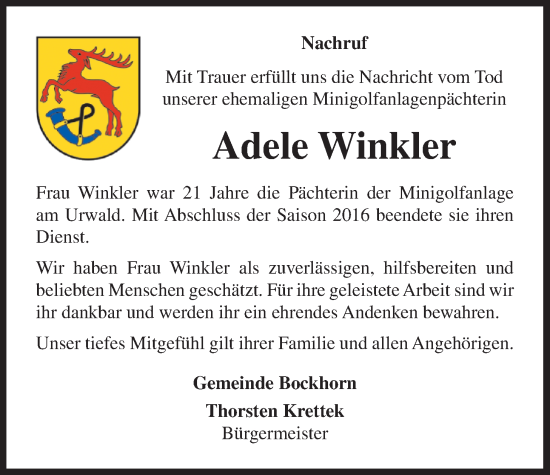 Traueranzeige von Adele Winkler von Nordwest-Zeitung