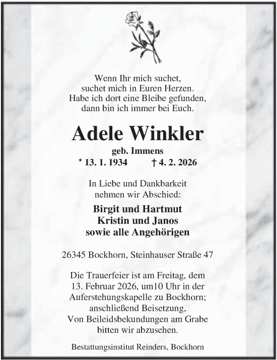 Traueranzeige von Adele Winkler von Nordwest-Zeitung