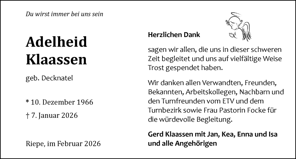  Traueranzeige für Adelheid Klaassen vom 14.02.2026 aus Emder Zeitung