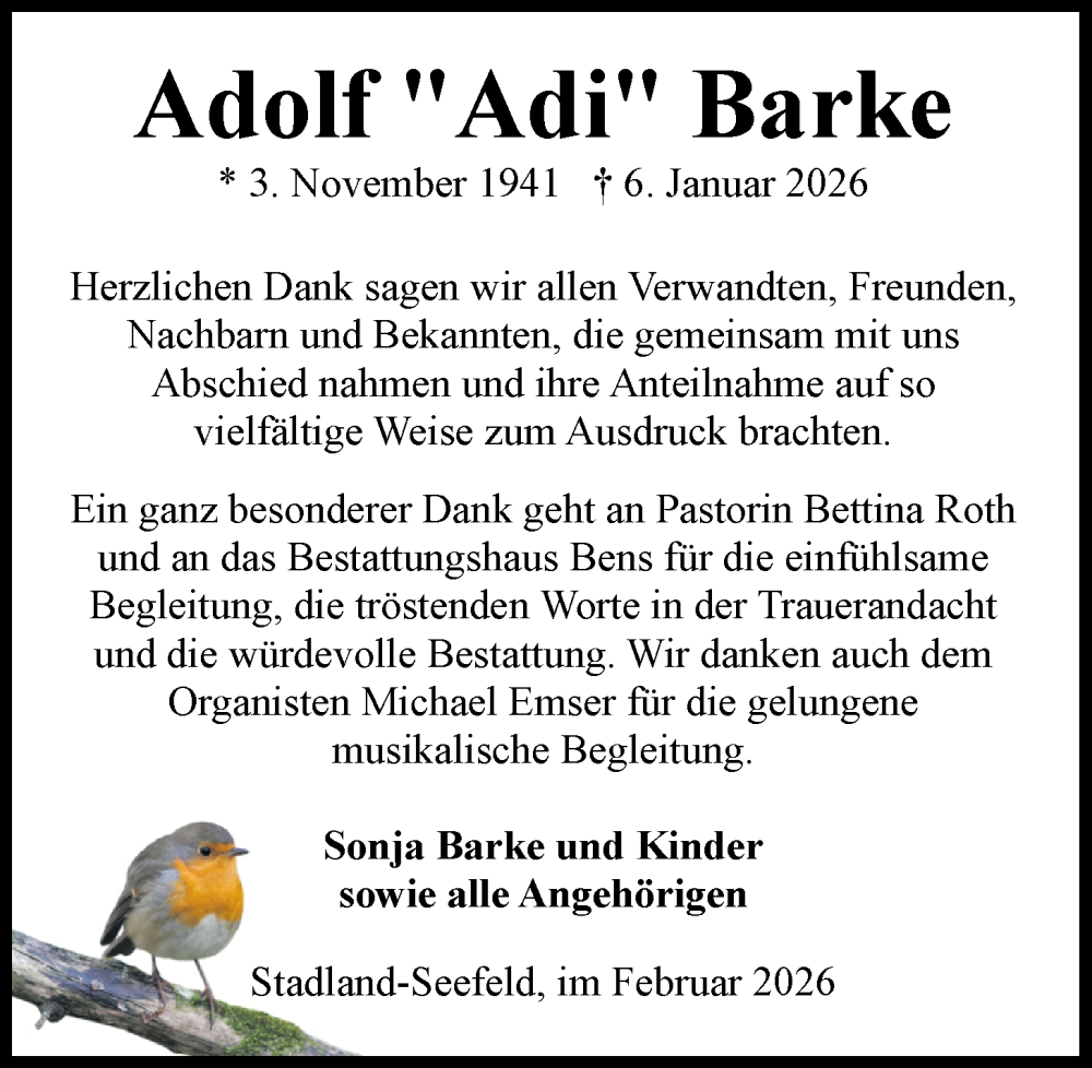  Traueranzeige für Adolf Barke vom 18.02.2026 aus Nordwest-Zeitung