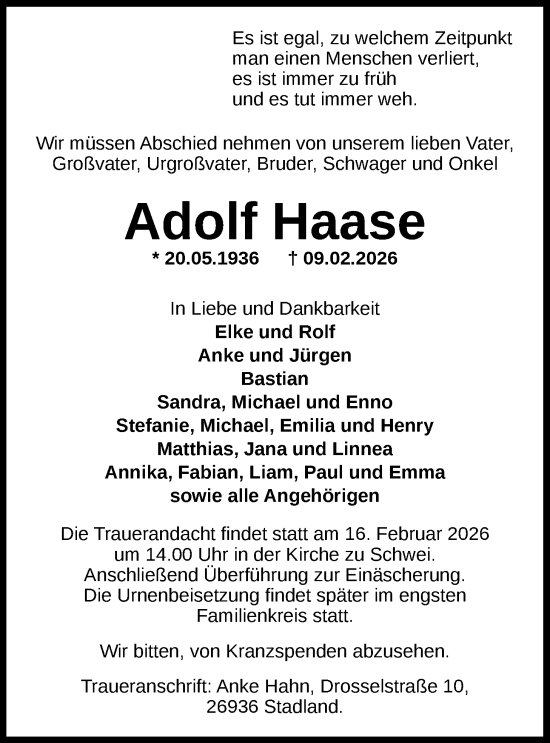 Traueranzeige von Adolf Haase von Nordwest-Zeitung