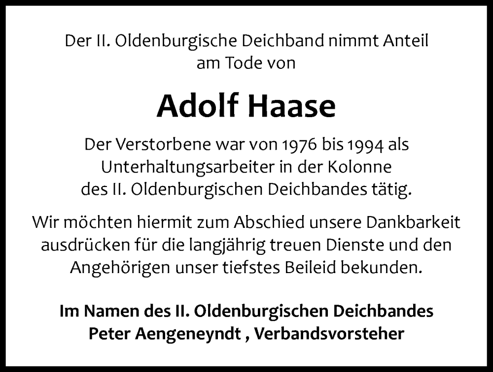  Traueranzeige für Adolf Haase vom 13.02.2026 aus Nordwest-Zeitung