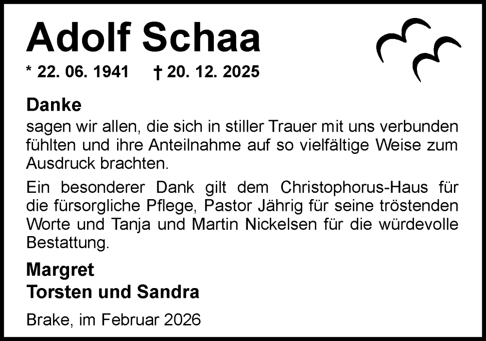  Traueranzeige für Adolf Schaa vom 07.02.2026 aus Nordwest-Zeitung