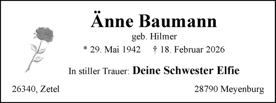 Traueranzeige von Änne Baumann von Nordwest-Zeitung