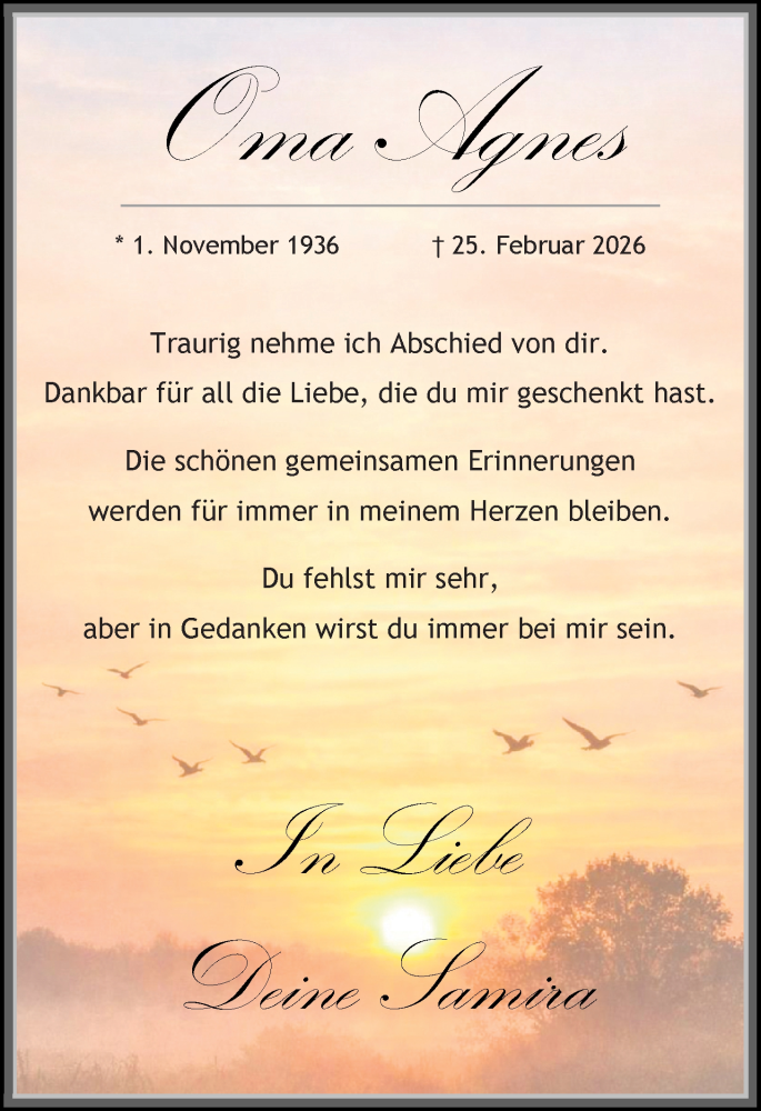  Traueranzeige für Agnes Brinkmann vom 27.02.2026 aus Nordwest-Zeitung