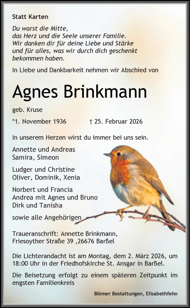 Traueranzeige für Agnes Brinkmann vom 27.02.2026 aus Nordwest-Zeitung