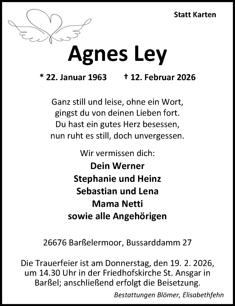  Traueranzeige für Agnes Ley vom 14.02.2026 aus Nordwest-Zeitung