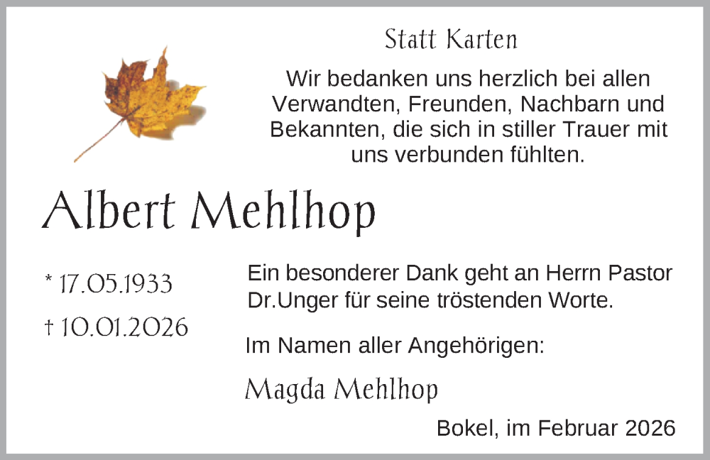  Traueranzeige für Albert Mehlhop vom 14.02.2026 aus Nordwest-Zeitung