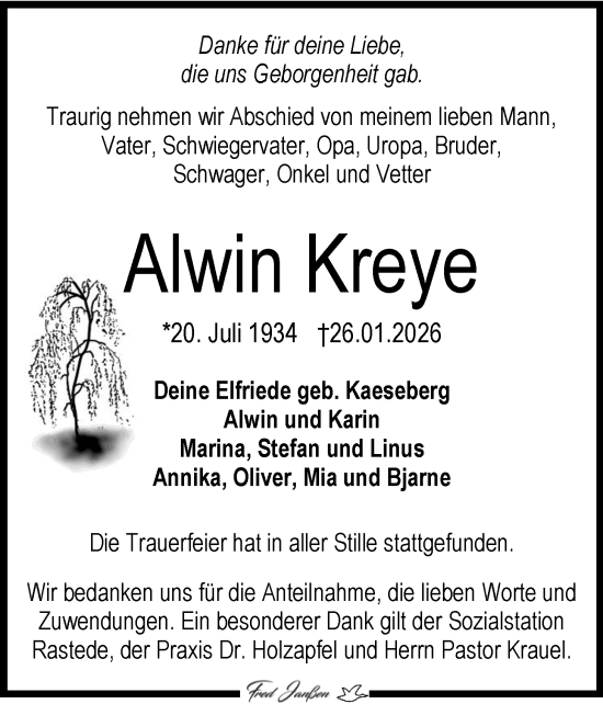 Traueranzeige von Alwin Kreye von Nordwest-Zeitung