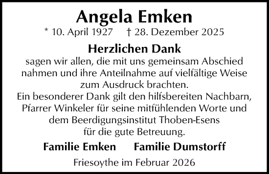 Traueranzeige von Angela Emken von Nordwest-Zeitung