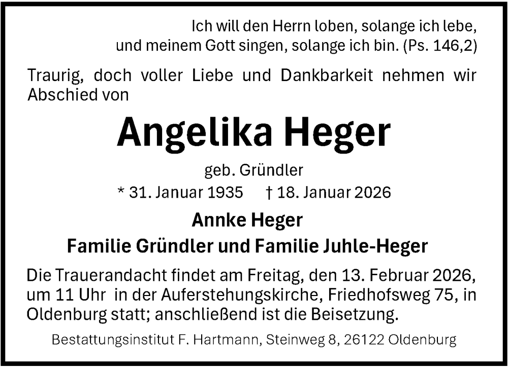  Traueranzeige für Angelika Heger vom 07.02.2026 aus Nordwest-Zeitung