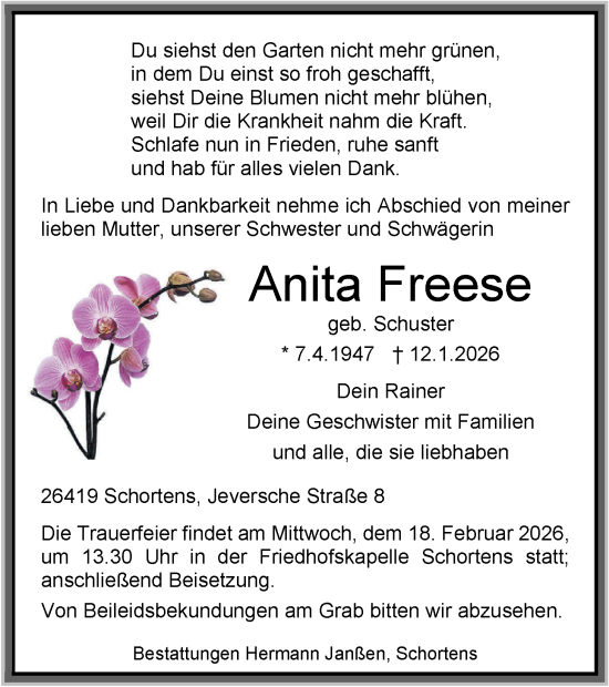 Traueranzeige von Anita Freese von WZ/JW/AH