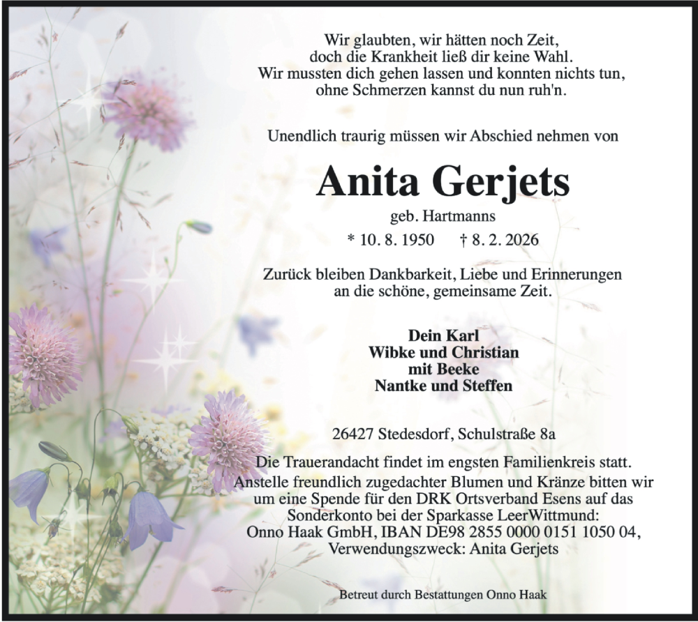  Traueranzeige für Anita Gerjets vom 11.02.2026 aus WZ/JW/AH