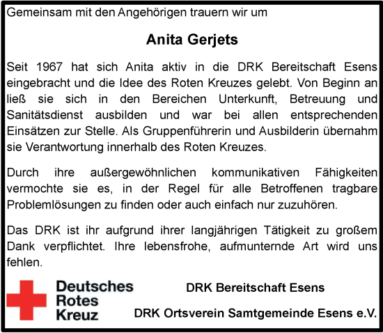 Traueranzeige von Anita Gerjets von Nordwest-Zeitung