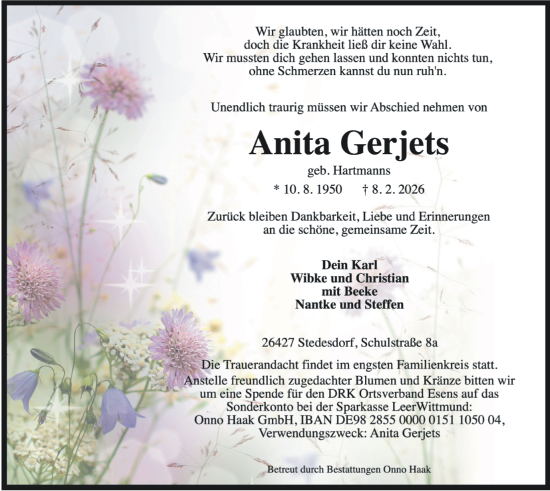 Traueranzeige von Anita Gerjets von WZ/JW/AH