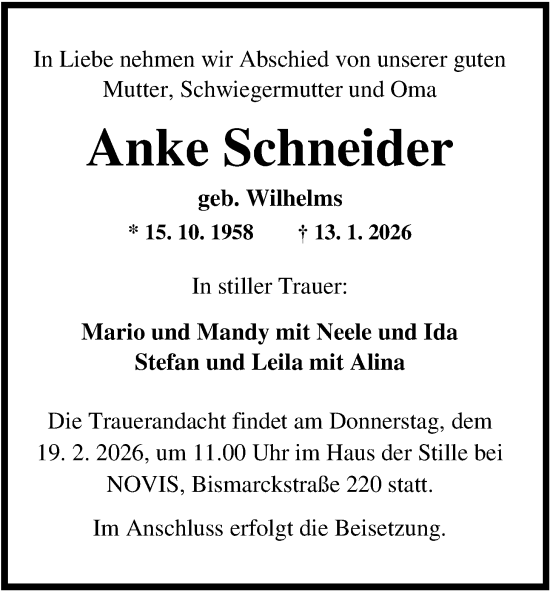 Traueranzeige von Anke Schneider von WZ/JW/AH