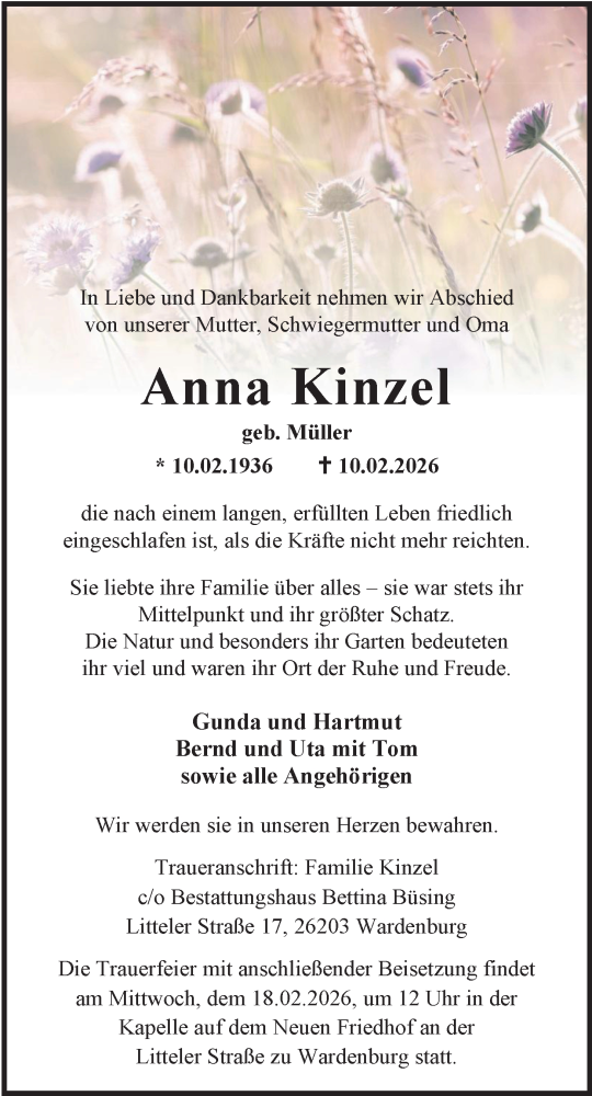 Traueranzeige von Anna Kinzel von Nordwest-Zeitung