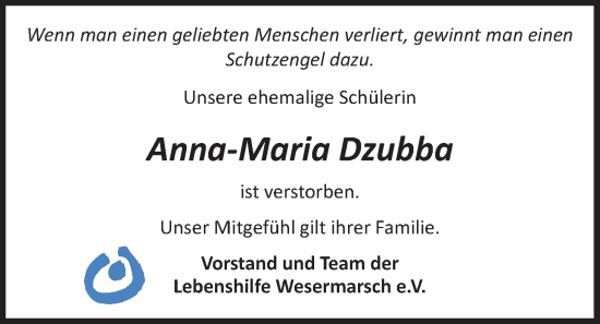 Traueranzeige von Anna-Maria Dzubba von Nordwest-Zeitung