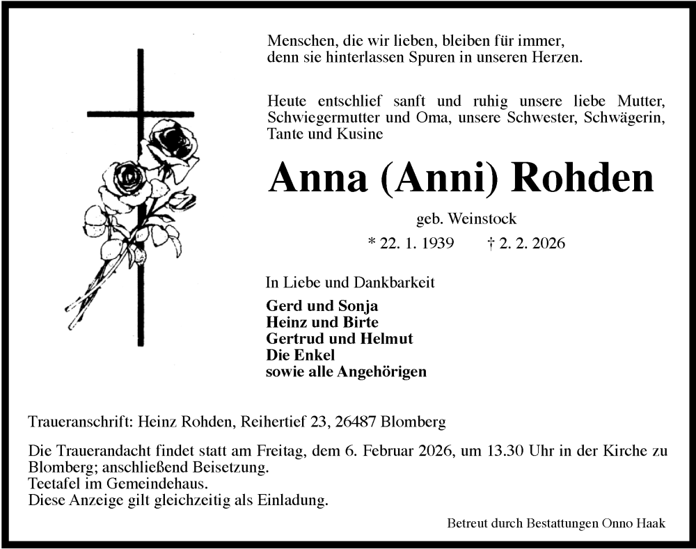  Traueranzeige für Anna Rohden vom 04.02.2026 aus WZ/JW/AH
