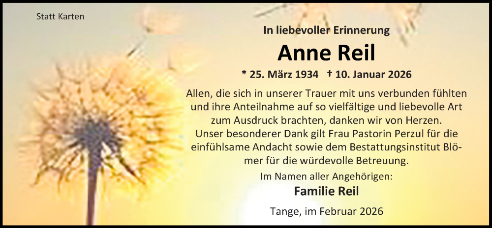  Traueranzeige für Anne Reil vom 14.02.2026 aus Nordwest-Zeitung
