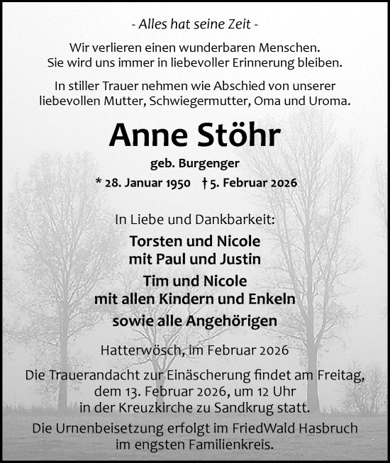 Traueranzeige von Anne Stöhr von Nordwest-Zeitung