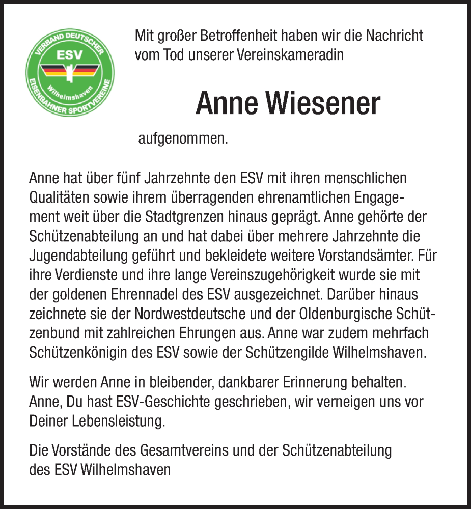  Traueranzeige für Anne Wiesener vom 09.02.2026 aus WZ/JW/AH