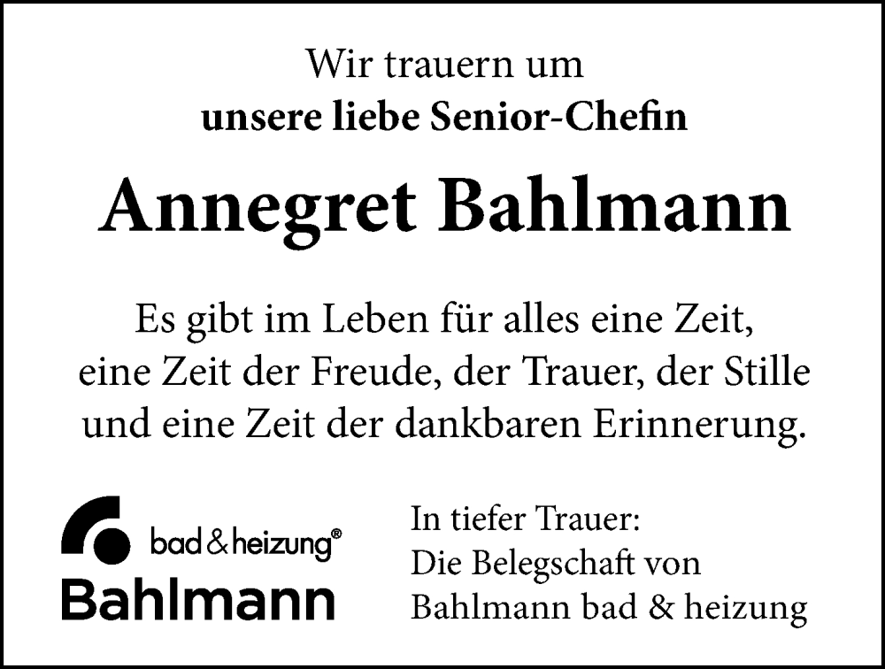  Traueranzeige für Annegret Bahlmann vom 03.02.2026 aus Nordwest-Zeitung